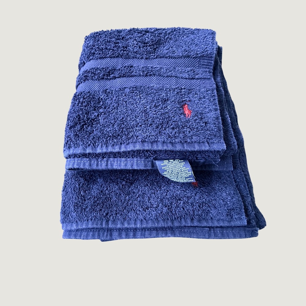 Ralph Lauren Navy Blue Bath Towels Set of 2 Red Pony Logo